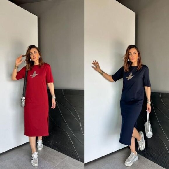 Bird Stone Printed Casual Midi Dress Women's Size S, M, L, XL - Picture 3 of 4